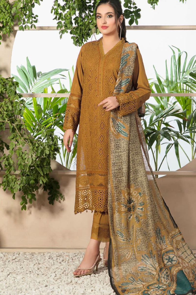 CHARIZMA-3 PC LAWN CHICKENKARI EMBROIDERED SHIRT WITH DIAMOND PRINTED SHAWL AND TROUSERNL-6005